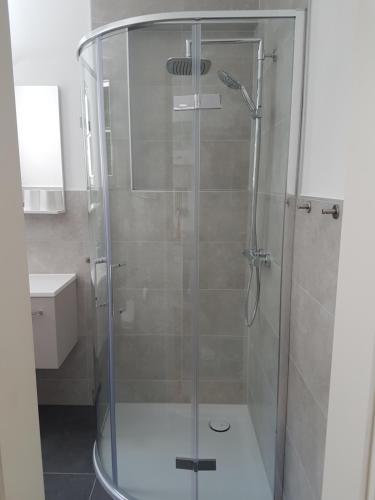 a shower with a glass door in a bathroom at Altstadtflair in Wernigerode