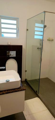 a bathroom with a sink and a glass shower at Le Relax Beach Resort in Grand'Anse Praslin
