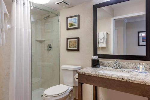 a bathroom with a toilet and a sink and a shower at Comfort Inn & Suites Daytona Beach Oceanfront in Daytona Beach