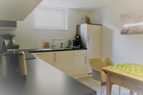 a kitchen with a counter and a refrigerator and a table at Ferienwohnung Ströbele in Müllheim