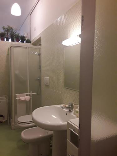 een badkamer met een wastafel, een toilet en een spiegel bij Green Tricolore in Milaan