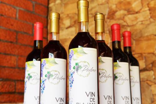 quatro garrafas de vinho sentadas ao lado de uma parede de tijolos em Casa Pedro em Blăjani