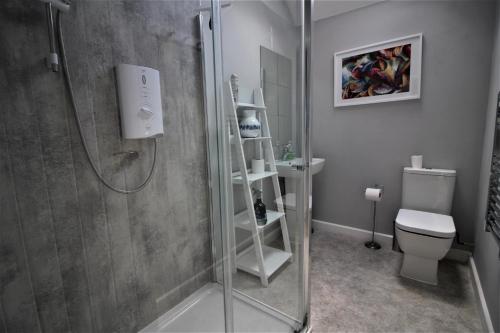een badkamer met een douche en een toilet bij 2 Fox Studios in Much Wenlock
