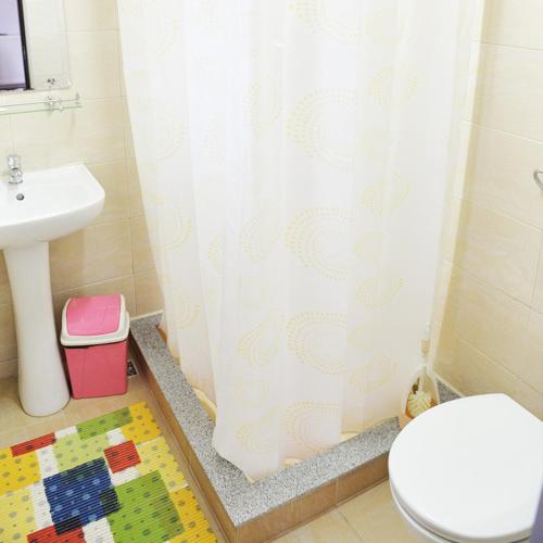 a bathroom with a white shower curtain and a toilet at Casa Pedro in Blăjani