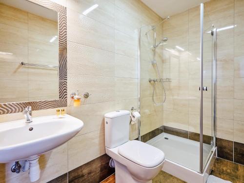 a bathroom with a sink and a toilet and a shower at Hotel Mużakowski in Łęknica