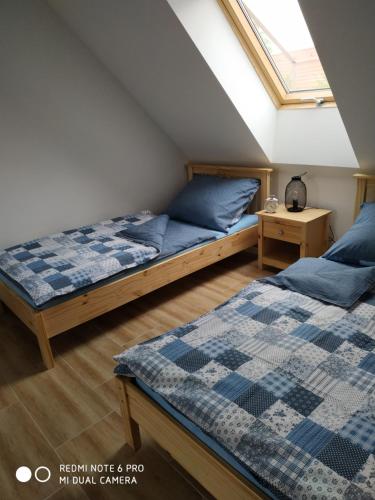 a bedroom with two beds and a skylight at Ubytovani Ve stodole in Stráž nad Nežárkou