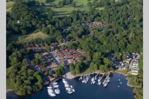 an aerial view of a harbor with boats in the water at Mistletoe One Luxury Lodge with Hot Tub Windermere in Windermere