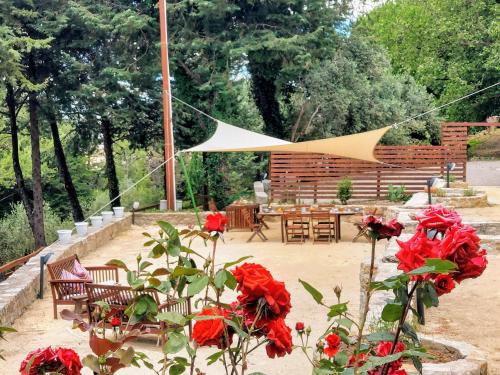 a patio with a table and chairs and red flowers at Chiosi Country Club in Corleone