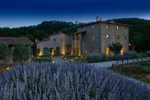 a garden with purple flowers in front of a building at Cuprena in Arezzo