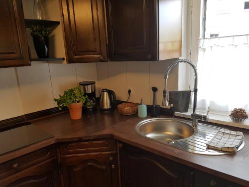 a kitchen counter with a sink and a window at Pilgrims "Elfriede"- freundliche Unterkunft in Remblinghausen