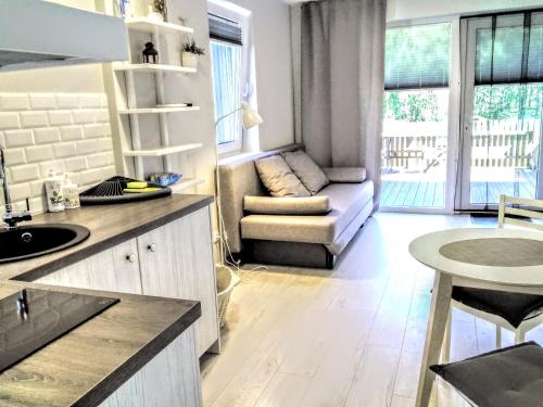 kuchnia i salon z kanapą i stołem w obiekcie Preila- 1 w mieście Preila