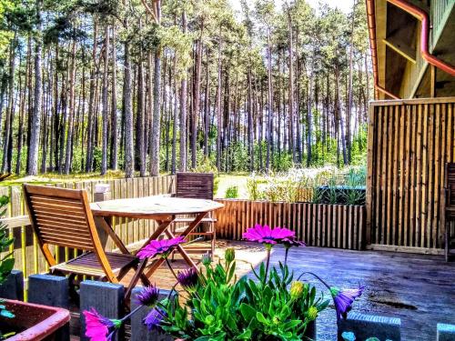 un patio avec une table, des chaises et des arbres dans l'établissement Preila- 1, à Preila