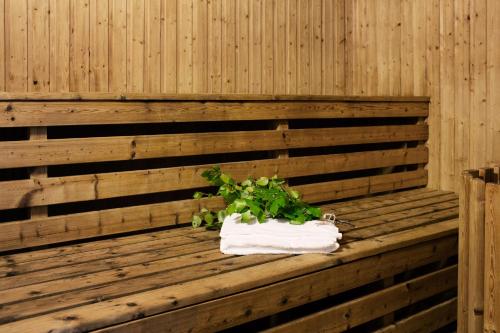 a plant sitting on a wooden bench in a sauna at Hotel Kallgården in Järpen
