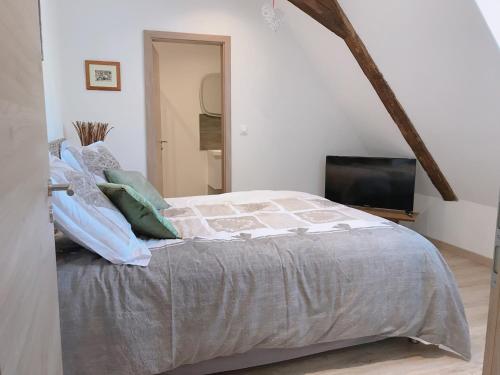 a bedroom with a bed and a television at chez Coco in Riquewihr