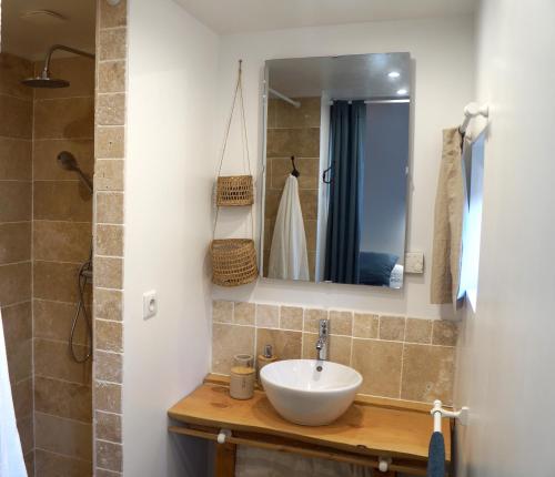 een badkamer met een wastafel en een spiegel bij La SUITE des AUGUSTINS in Baurech
