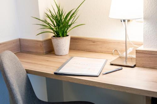 a desk with a laptop and a plant on it at Hotel Zentral in Wiener Neustadt