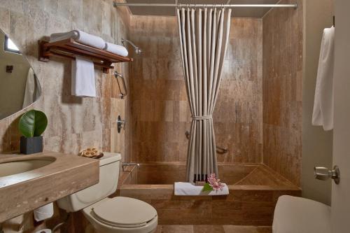 a bathroom with a shower and a toilet and a sink at Gaviana Resort in Mazatlán