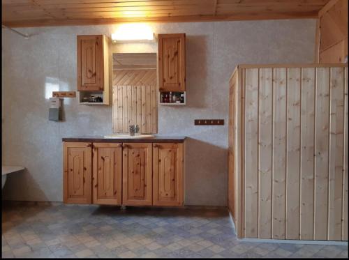 uma cozinha com armários de madeira e um lavatório em Graceland Norway em Foldereid