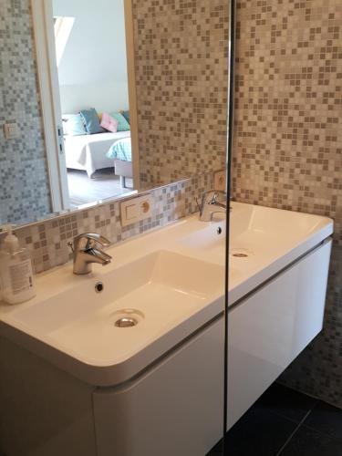 La salle de bains est pourvue d'un lavabo et d'un miroir. dans l'établissement B&B Villa Vanilla, à Ypres