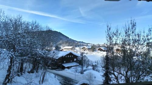 a village covered in snow with houses and trees at Ferienwohnung Stroh in Missen-Wilhams