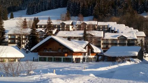 a resort in the snow with snow covered roofs at Ferienwohnung Stroh in Missen-Wilhams