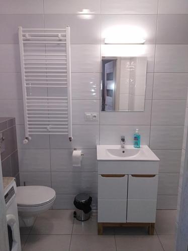 Baño blanco con aseo y lavamanos en Apartament w centrum Szczecina, en Szczecin