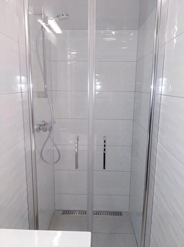 y baño con ducha y puerta de cristal. en Apartament w centrum Szczecina, en Szczecin