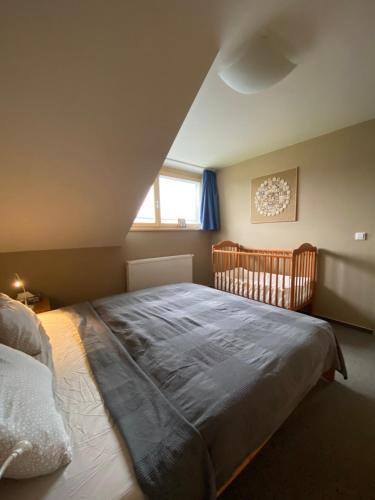 a bedroom with a large bed and a crib at Rodinný apartmán v srdci Šumavy in Kvilda