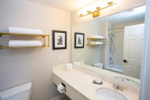ein Badezimmer mit einem Waschbecken, einem WC und einem Spiegel in der Unterkunft Shearwater Inn in Lincoln City