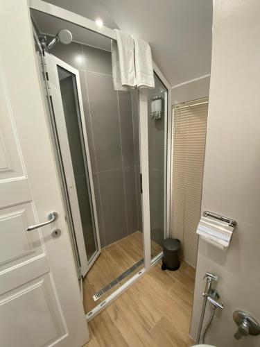 La salle de bains est pourvue d'une douche avec une porte en verre. dans l'établissement Oplonti s House Apartment Boscomonaco, à Torre Annunziata