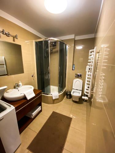 a bathroom with a sink and a shower and a toilet at Apartament Przy Długosza in Sandomierz