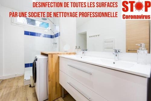 ein Bad mit einem Waschbecken und einem Spiegel in der Unterkunft Gare / 2 chambres / Appartistic Machines de l île / WIFI FIBRE in Nantes
