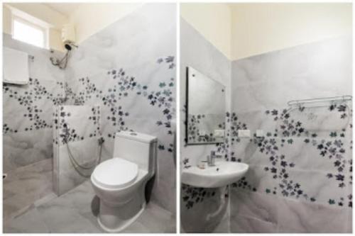 two pictures of a bathroom with a toilet and a sink at Feel like home -Guest House near Tenneti park in Visakhapatnam