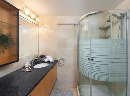 bagno con lavandino e doccia in vetro di Beach front lux apartment (pool/gym/parking) a Jlil