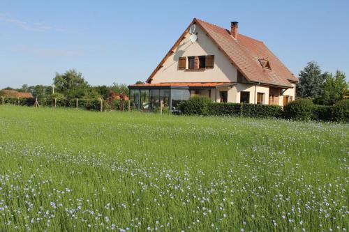 a house in the middle of a field of flowers at Chambre D'hotes Le Clos Fleuri in Criel-sur-Mer