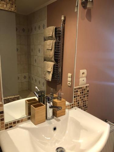 ein Badezimmer mit einem weißen Waschbecken und einem Spiegel in der Unterkunft Family house in Jurmala in Jūrmala