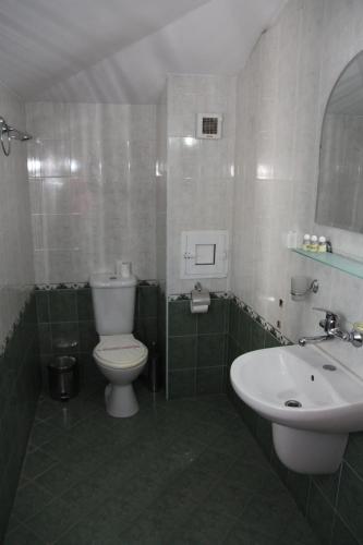 ein Badezimmer mit weißer Toilette und Waschbecken in der Unterkunft Туристически комплекс"Странджа" in Sredets