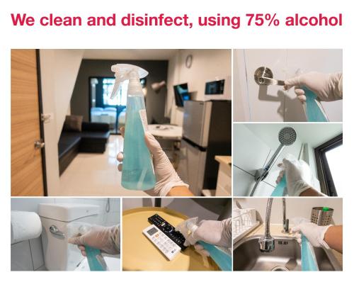 a collage of pictures of cleaning a bathroom at S2 Silom Large room 4-6 guests Full kitchen WIFI in Bangkok