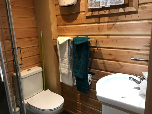 une salle de bain avec des toilettes blanches et un lavabo dans l'établissement LA BASTIDE DU BAOU, à Callian