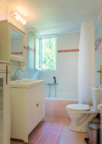 uma casa de banho com um WC, um lavatório e uma janela em Avelia Pink em Asprogerakata