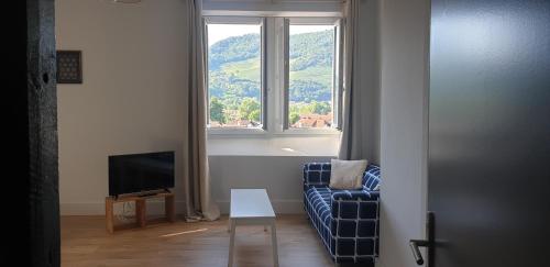 sala de estar con sofá y ventana en La Villa Esponda en Saint-Jean-Pied-de-Port