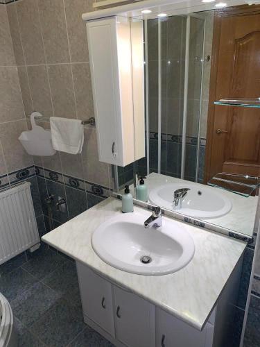 a bathroom with a white sink and a mirror at Delfin Apartman Balatonfüred in Balatonfüred