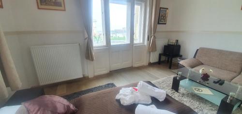 a room with a bed and a couch and a window at Butterfly Home Danube in Budapest