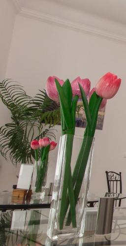 three pink flowers in a vase on a glass table at Butterfly Home Danube in Budapest
