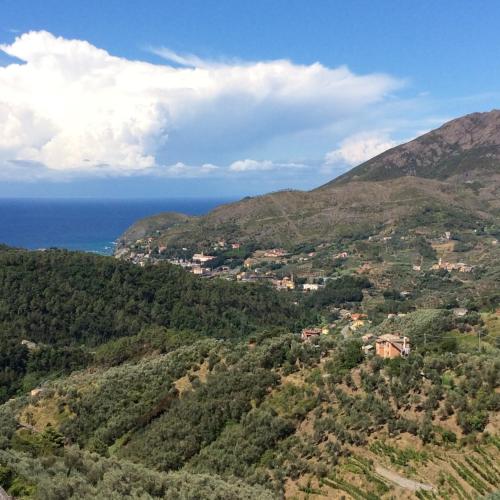 a view of a mountain with the ocean in the background at La Sosta di Ottone III in Levanto