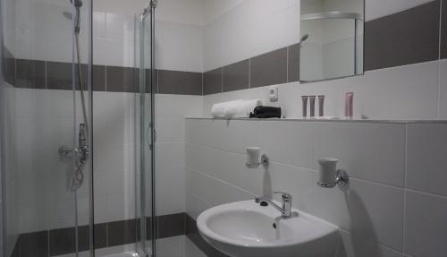 uma casa de banho com um lavatório e uma cabina de duche em vidro. em Hotel Metropol CB em České Budějovice