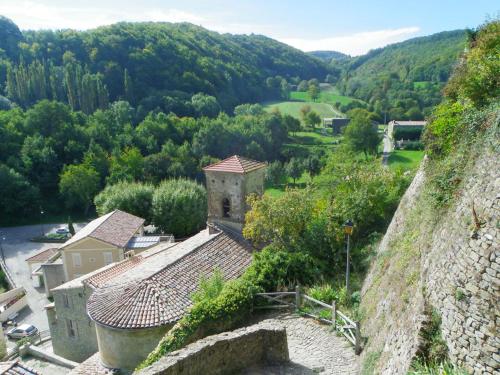 an aerial view of a small village with a mountain at Le Clos de l'Ambre in Divajeu