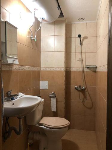 a bathroom with a toilet and a sink and a shower at Под старата липа in Goritsa