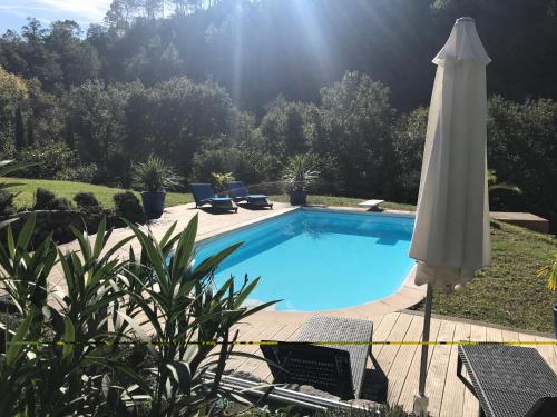 - une piscine avec un parasol et des chaises dans l'établissement LA BASTIDE DU BAOU, à Callian
