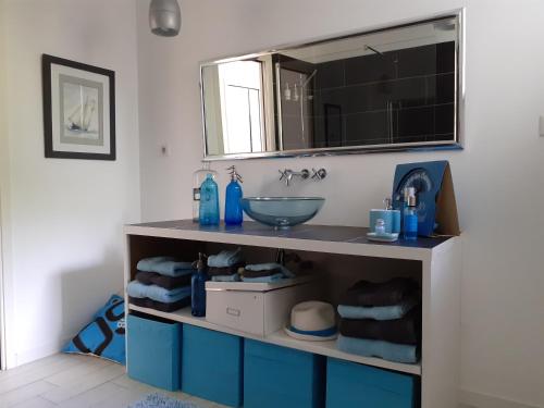 a bathroom with a sink and a mirror at ESCAPADE AU COEUR DE LA RIVIERA BRETONNE in La Forêt-Fouesnant